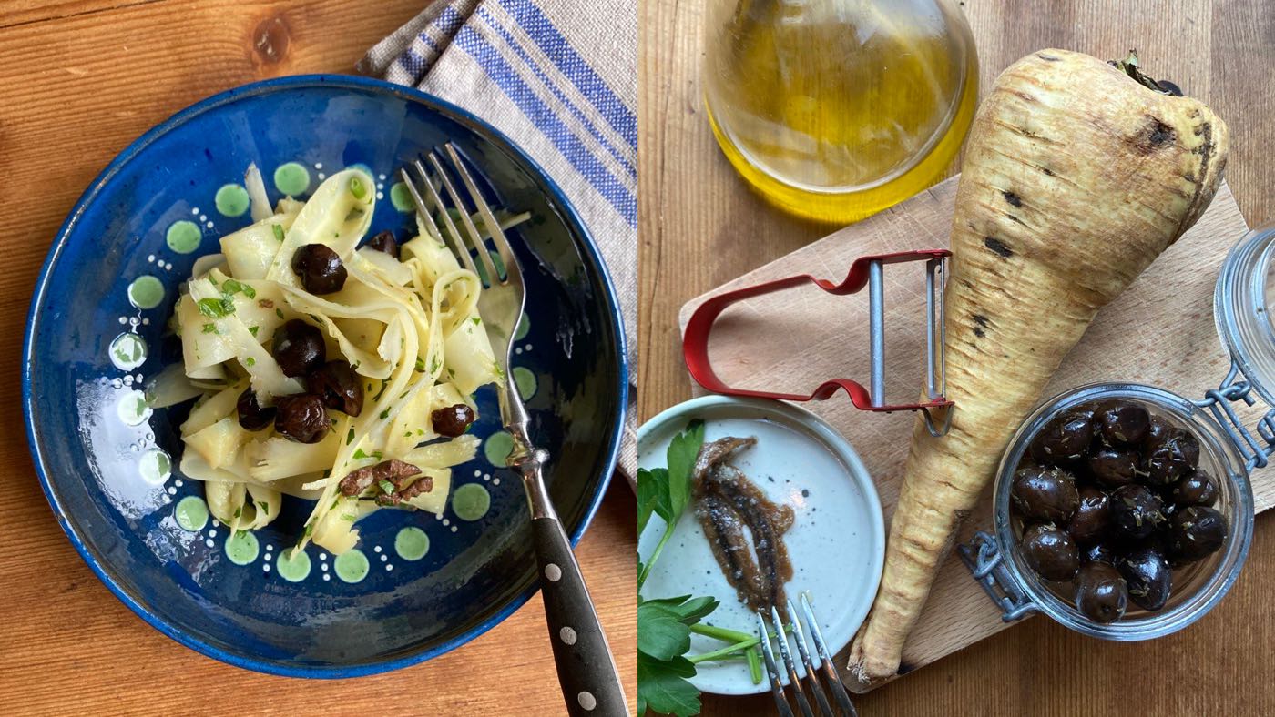 Lauwarmer Pastinakensalat mit Oliven