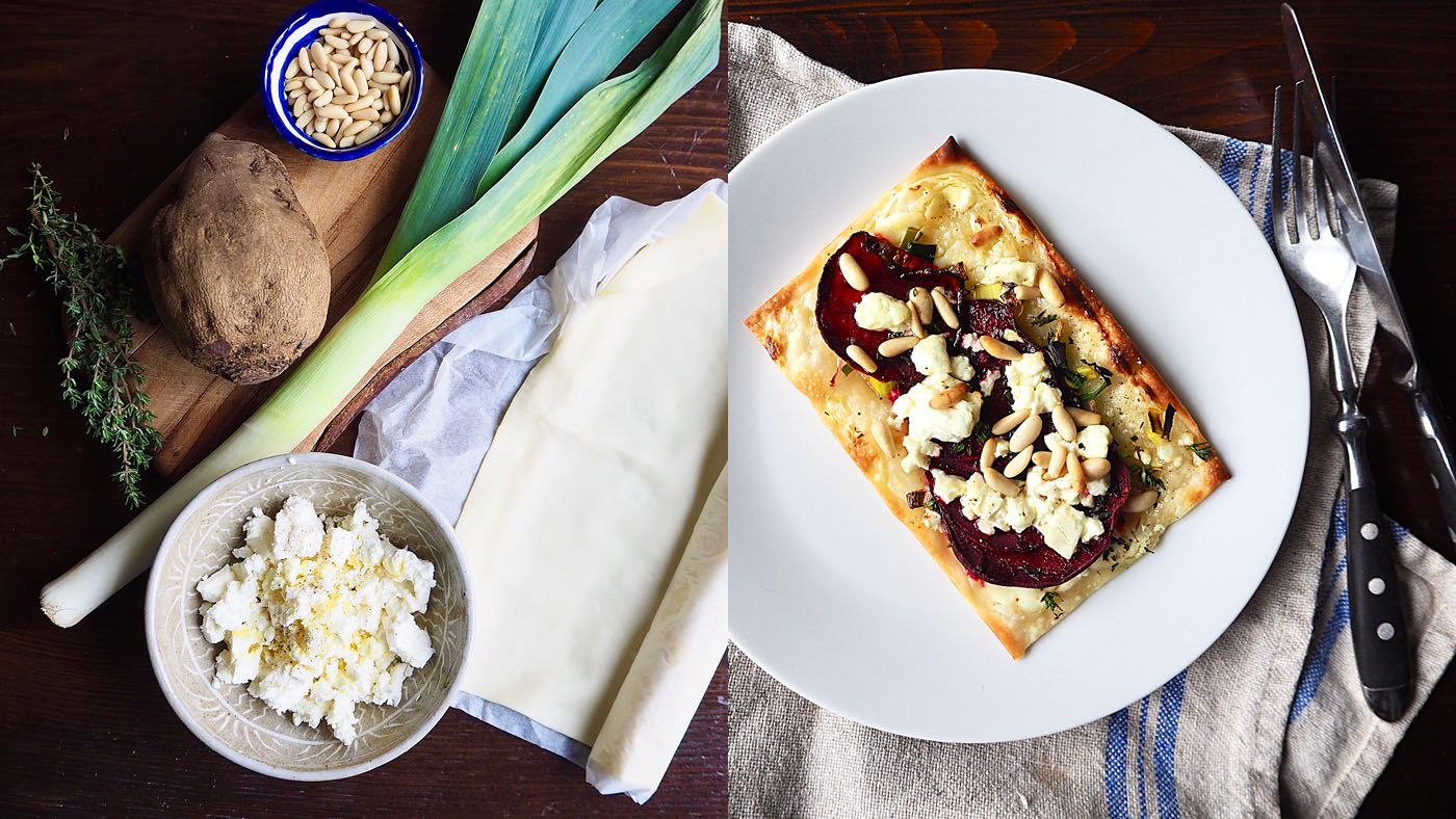 Flammkuchen mit Lauch und Randen