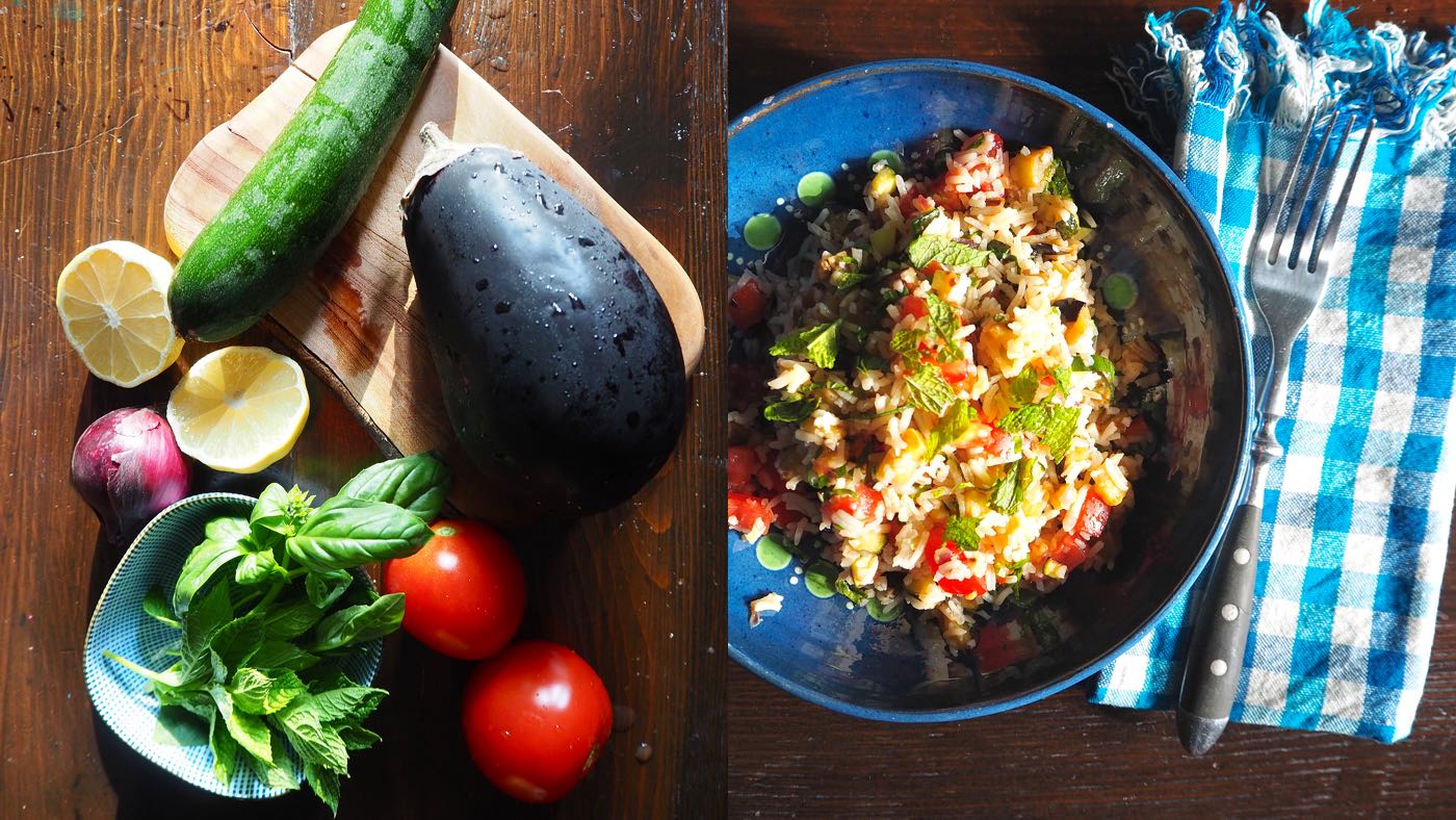 Reissalat mit Zucchetti und Aubergine