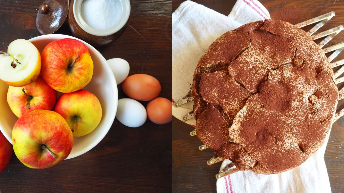 Äpfel und Kuchen aus Schokolade mit Eiern