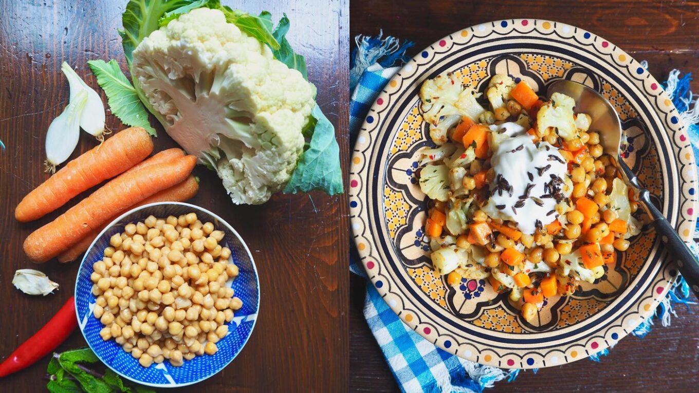 Zutaten und Gericht mit Kichererbsen und Gemüse