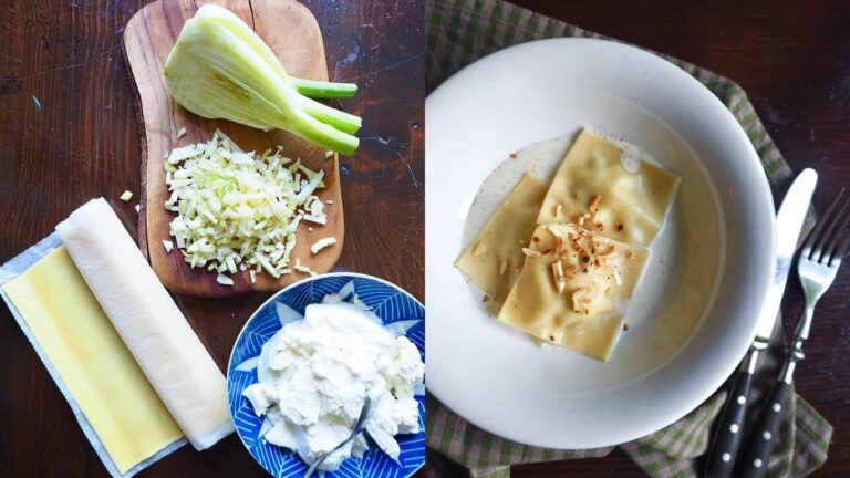 Zutaten und fertige Ravioli mit Fenchel und Ricotta