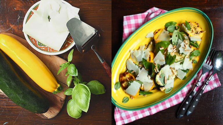 Zucchini mit Käse und Basilikum garniert.