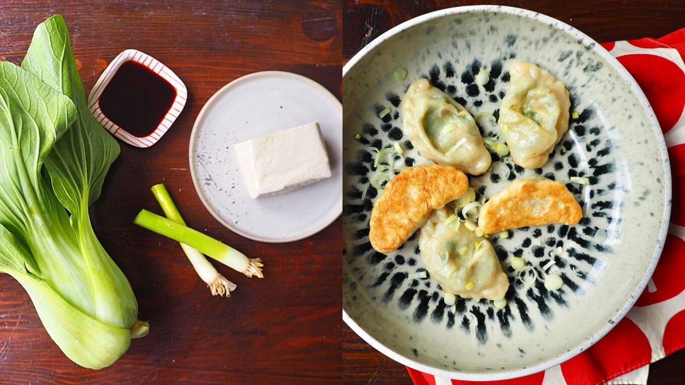 Pak Choi, Tofu und Dumplings auf Teller.