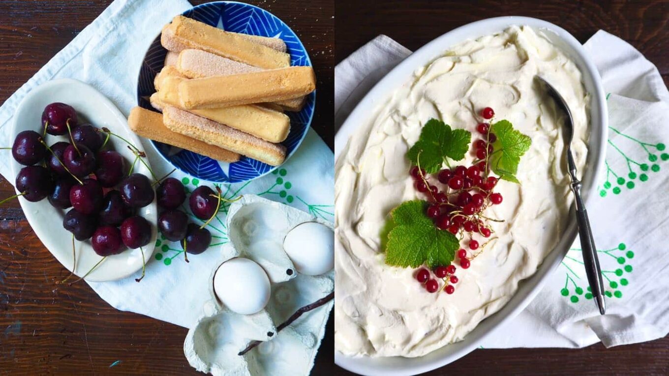 Zutaten für Dessert mit Kirschen und Löffelbiskuits.