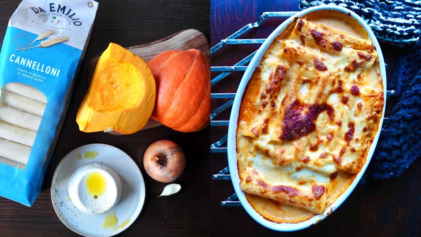 Zutaten und Cannelloni-Auflauf im Ofen gebacken.