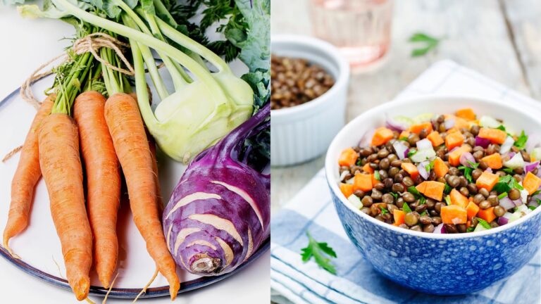 Karotten, Kohlrabi und Linsensalat in Schüssel.