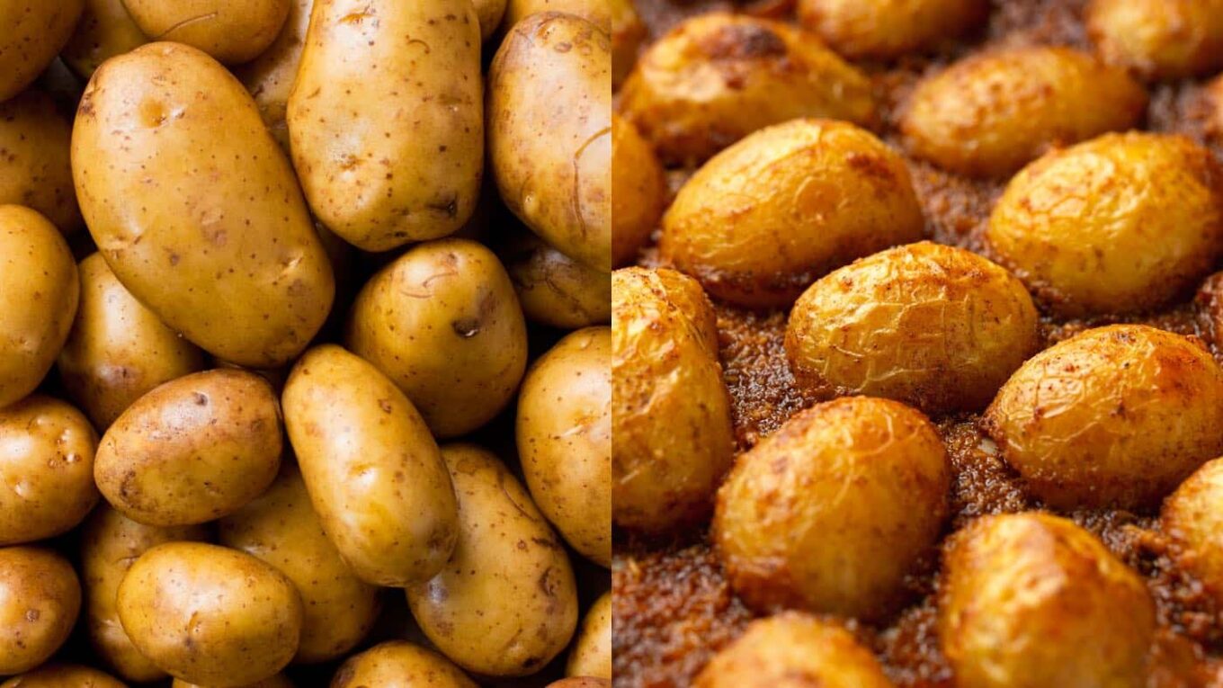 Rohe und gebackene Kartoffeln nebeneinander