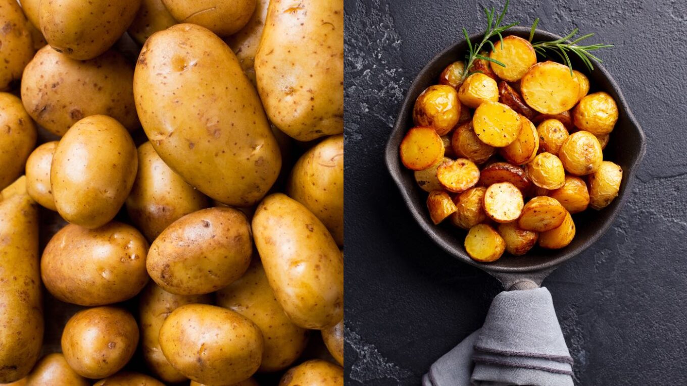 Rohe und geröstete Kartoffeln in Pfanne