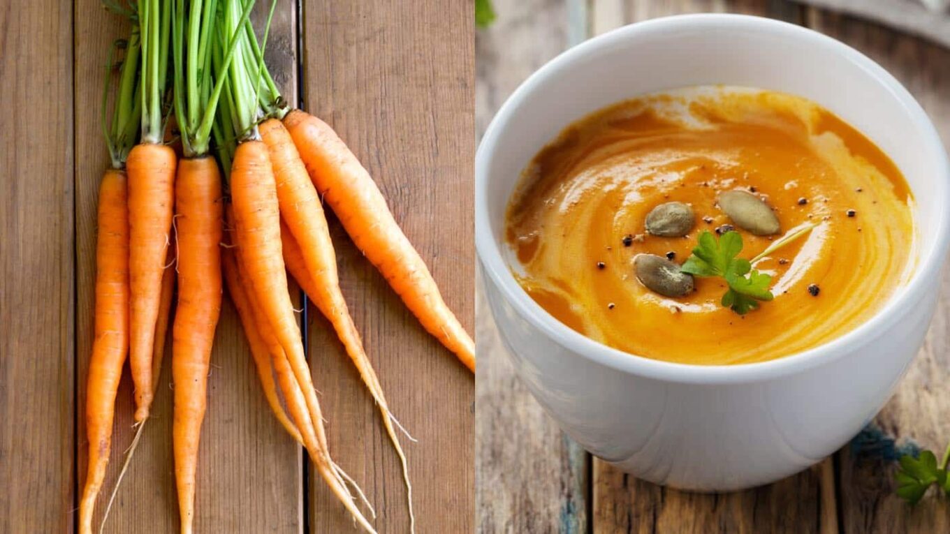 Karotten und Karottensuppe auf Holztisch