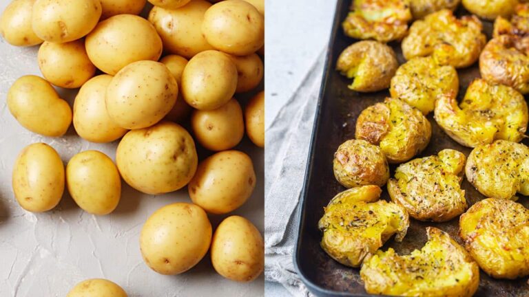 Rohe und zerdrückte Kartoffeln nebeneinander