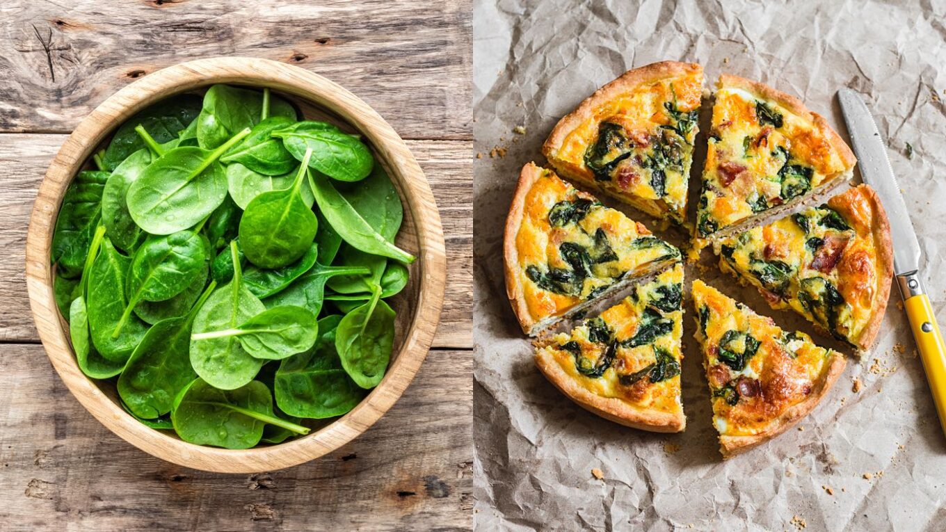 Frischer Spinat und Spinatquiche auf Holztisch.