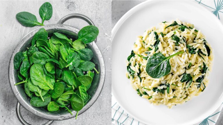 Frischer Spinat und Spinat-Risotto-Gericht
