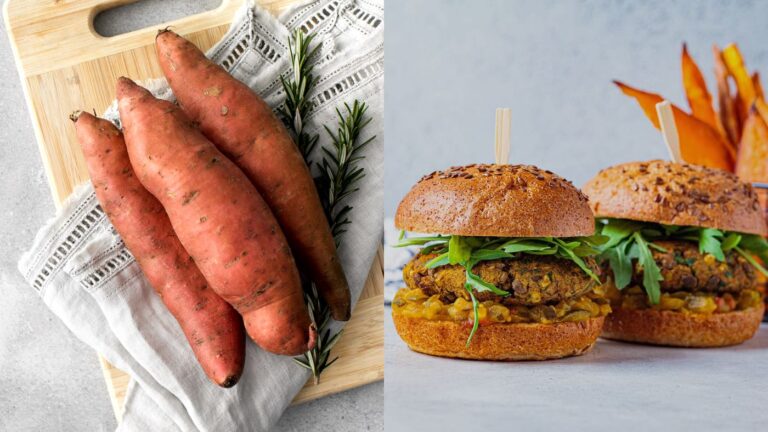 Süsskartoffeln und vegane Burger auf Schneidebrett