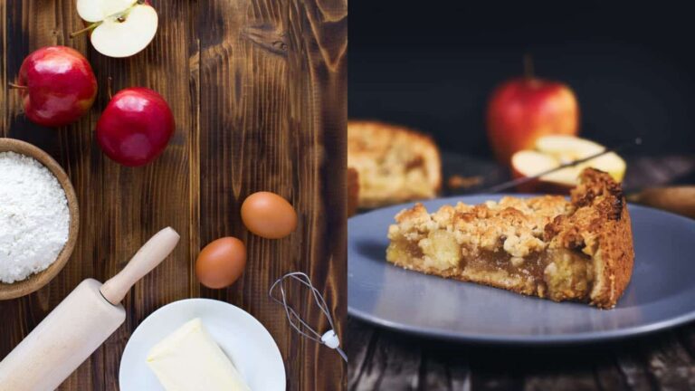 Zutaten und fertiger Apfelkuchen auf einem Tisch