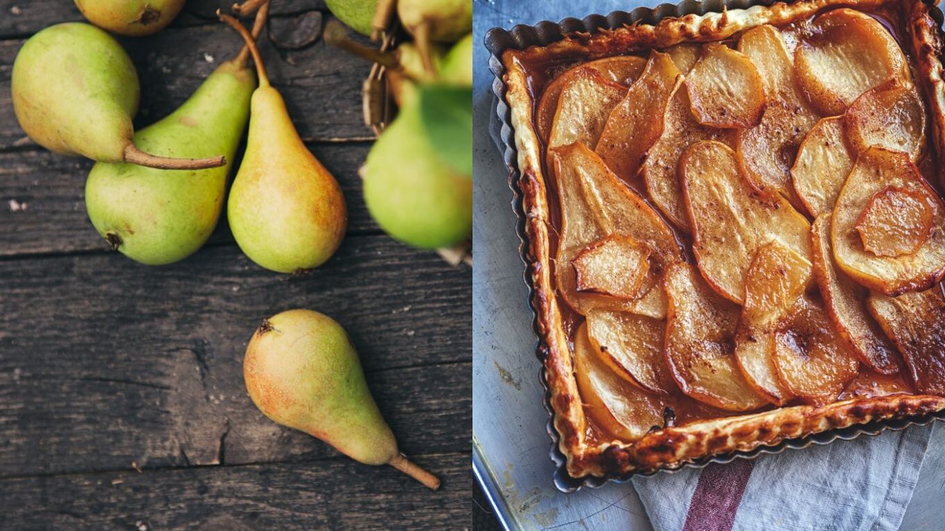 Birnen auf Holz, Tarte mit Birnen.