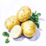 Vier gelbe Kartoffeln mit grünen Blättern