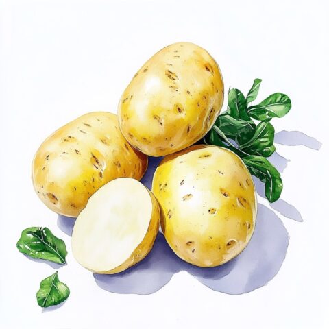 Vier gelbe Kartoffeln mit grünen Blättern
