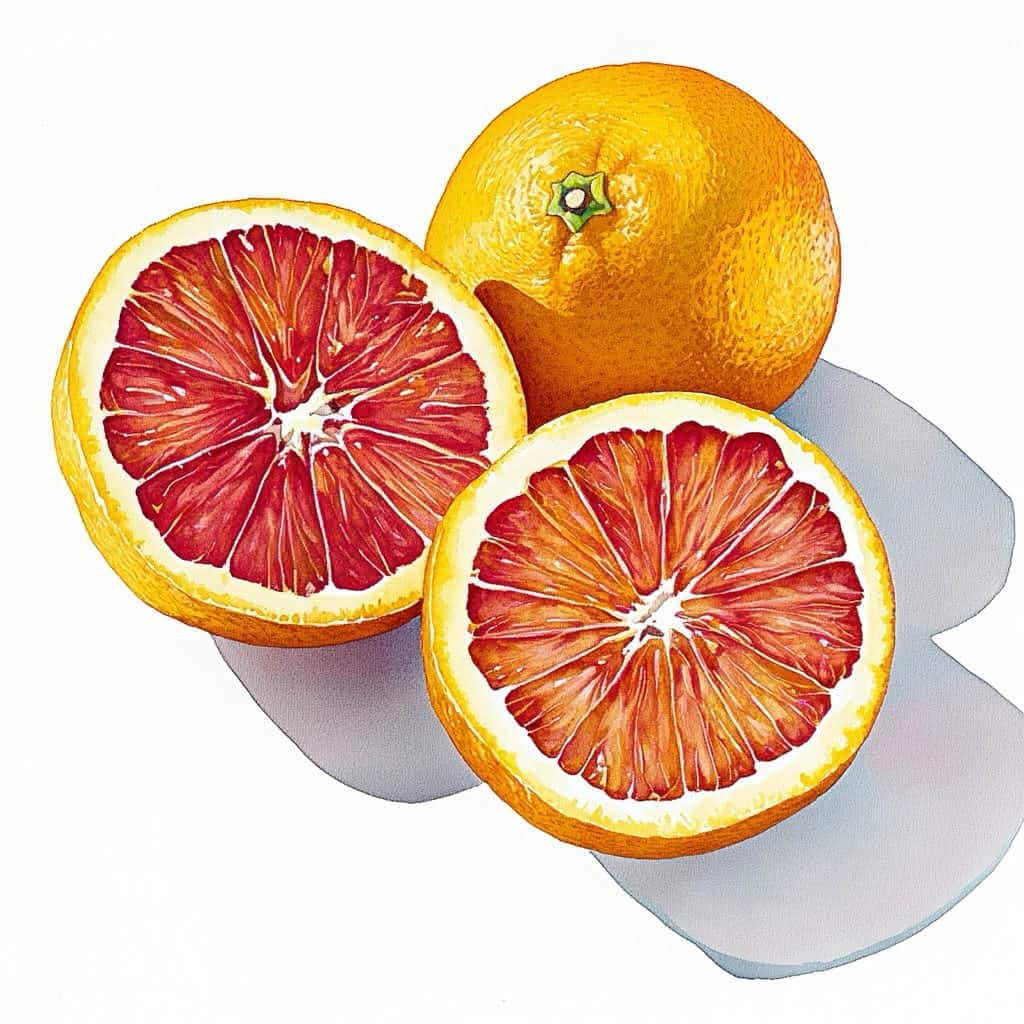 Orangen und Blutorangenhälften auf weissem Hintergrund