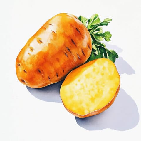 Süsskartoffel und Schnittansicht mit Grün