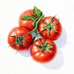 Vier frische Tomaten mit grünen Stängeln