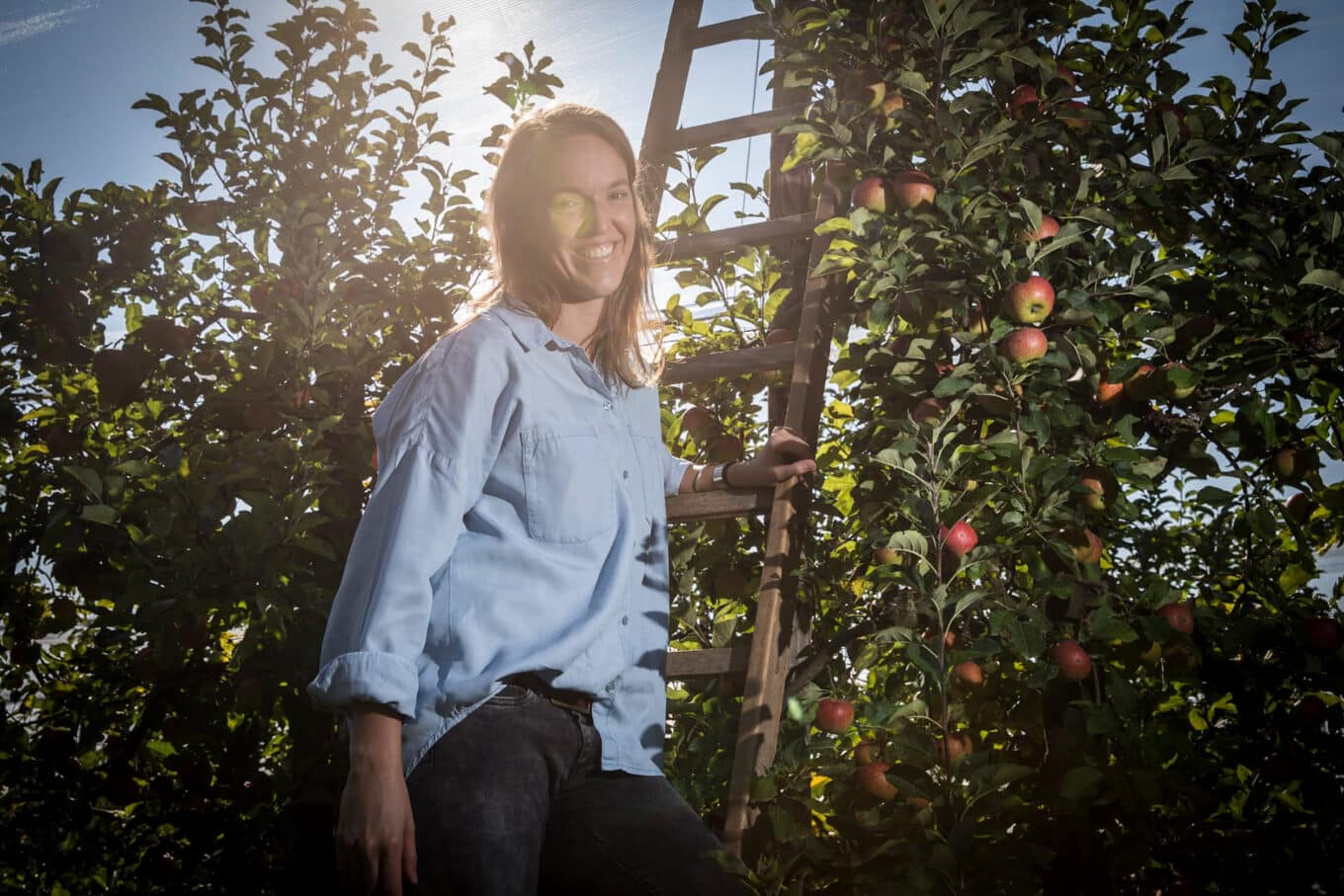 Martina Wacker neben Apfelbaum mit Leiter im Sonnenschein