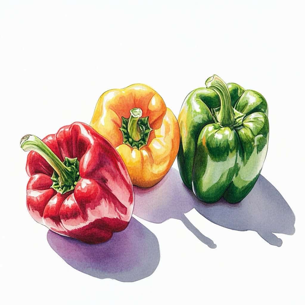 Drei bunte Peperoni nebeneinander