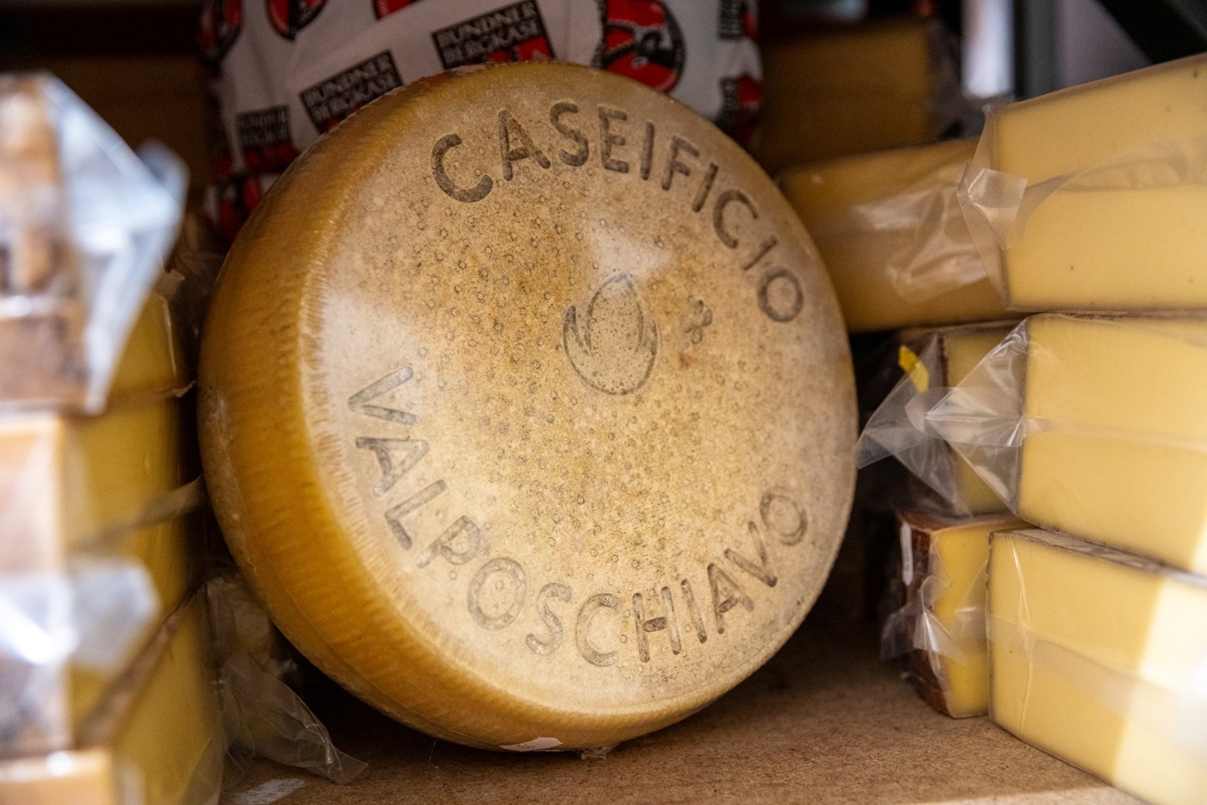 Runder Käse von Chäs & Co. im Lagerregal
