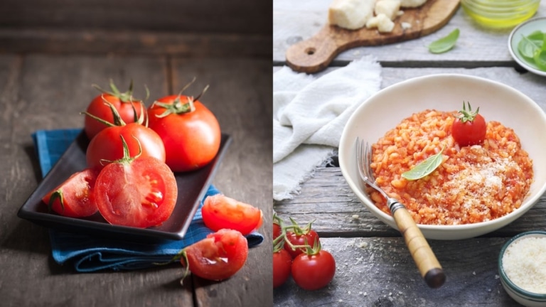 Tomaten und Tomatenrisotto auf Holztisch