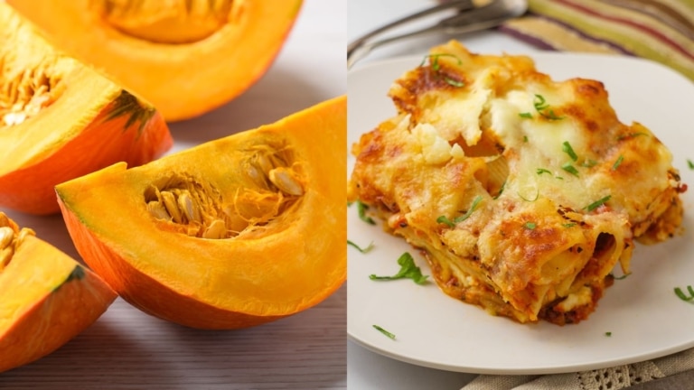 Kürbis und Lasagne auf einem Teller