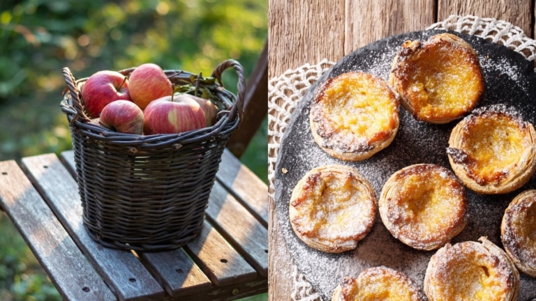 Apfelkorb und Pastéis de Nata auf Holztisch