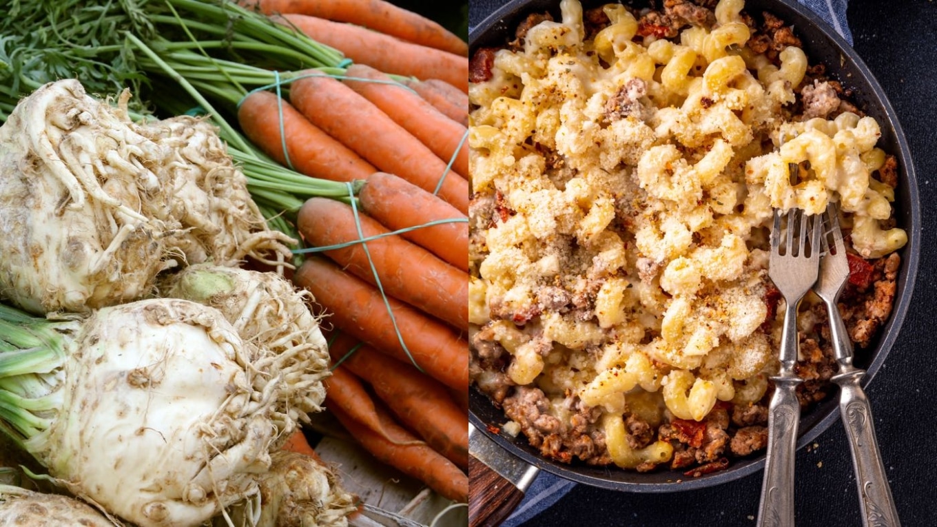 Knollensellerie, Karotten, Hörnli und Gehacktes