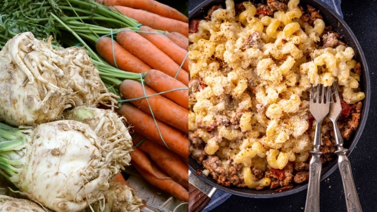 Knollensellerie, Karotten, Hörnli und Gehacktes