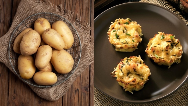 Kartoffeln und Kartoffelgerichte auf Holzuntergrund