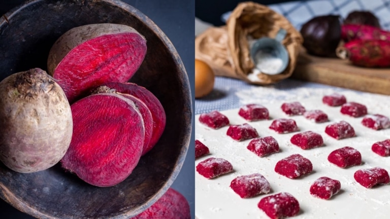Rote Bete und Gnocchi auf Holzbrett