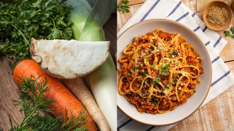 Gemüse und Nudeln mit Tomatensauce auf Tisch