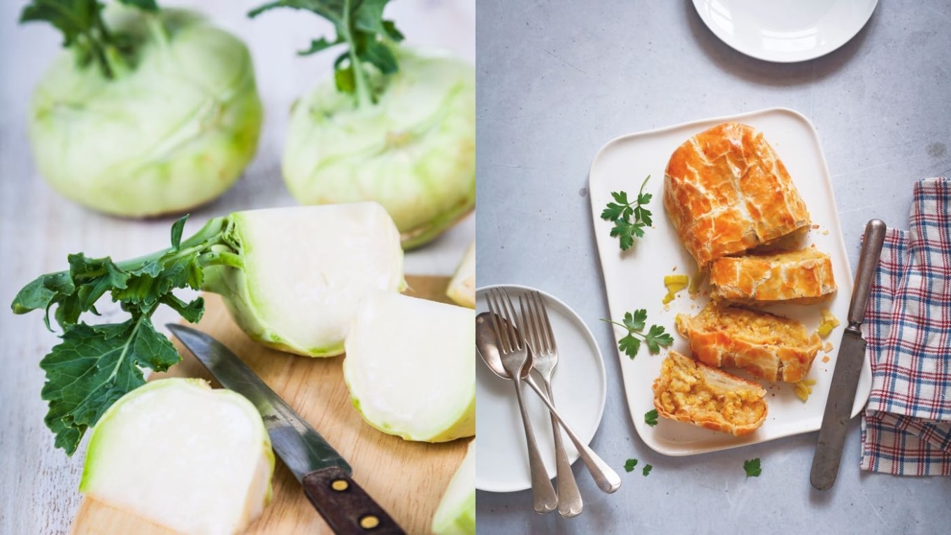 Kohlrabi und herzhafter Strudel auf Teller