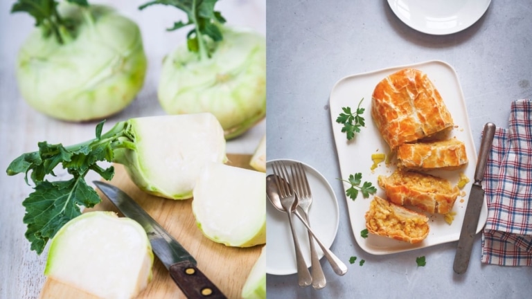 Kohlrabi und herzhafter Strudel auf Teller