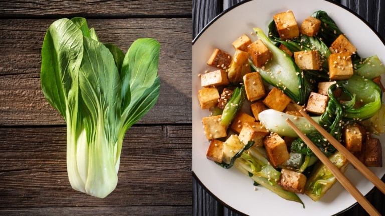 Pak Choi und Tofugericht auf Teller