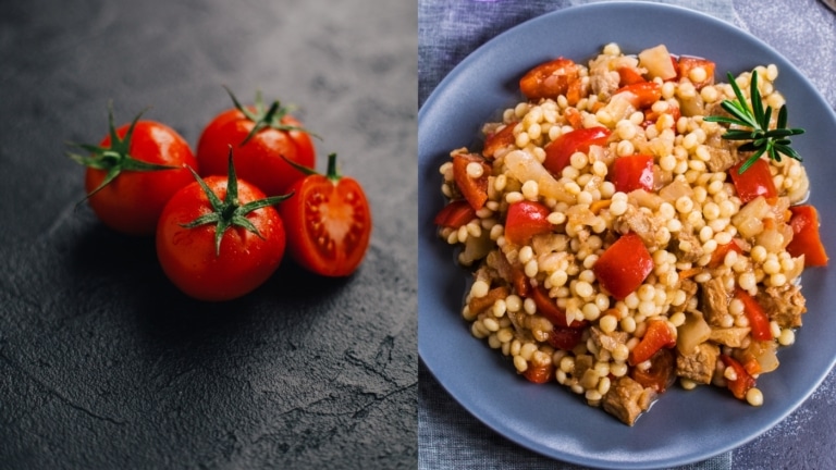 Tomaten und Nudelsalat mit Gemüse auf Teller