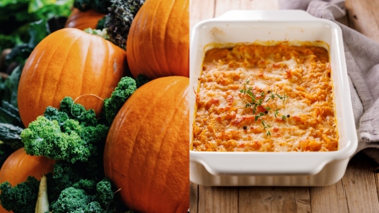 Kürbisse neben cremigem Kürbisauflauf mit Käse