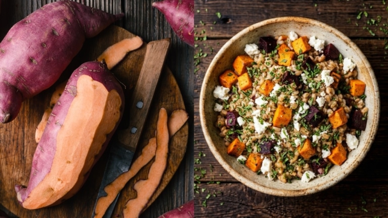 Süßkartoffeln und Getreidesalat mit Roter Bete und Feta